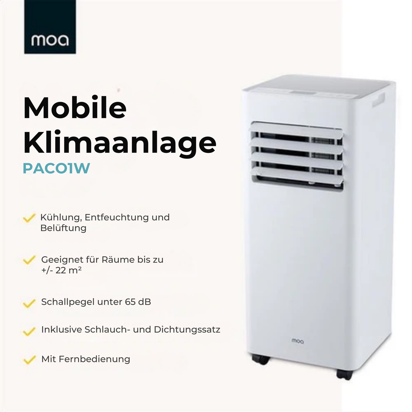 MOA Mobile Air Conditioner - 7.000 BTU - Klimagerät - Fernbedienung - Energieklasse A - Fensterdichtungssätze - Bis zu 60 m³ Kühlleistung - Entfeuchter - Weiß