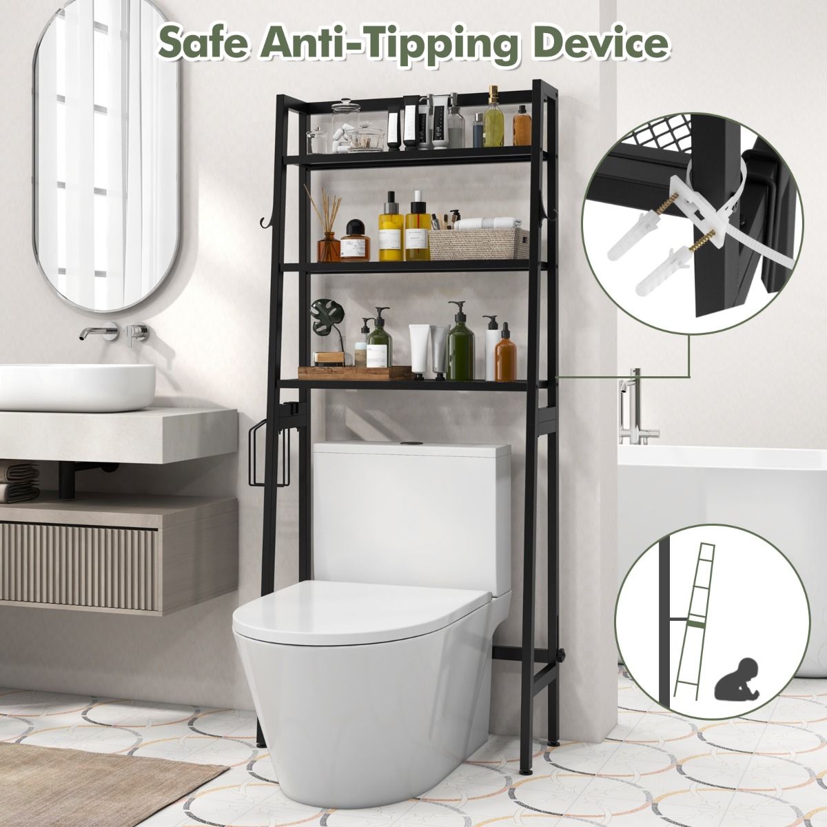 Coast Über-Toilettenständer Freistehend 3 Ebenen - 28 x 65 x 159 cm - Schwarz