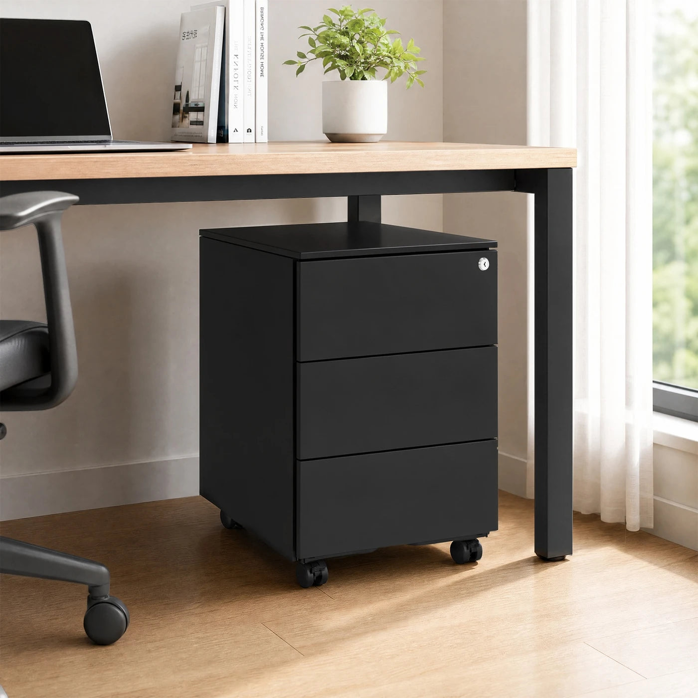 Ochama Matte Black abschließbarer mobiler Aktenschrank – 3 Schubladen, vormontiert, zur Aufbewahrung von Dokumenten und Büromaterial, 39 x 45,1 x 53,8 cm – Kompakte Aufbewahrungslösung für das Büro oder das Homeoffice
