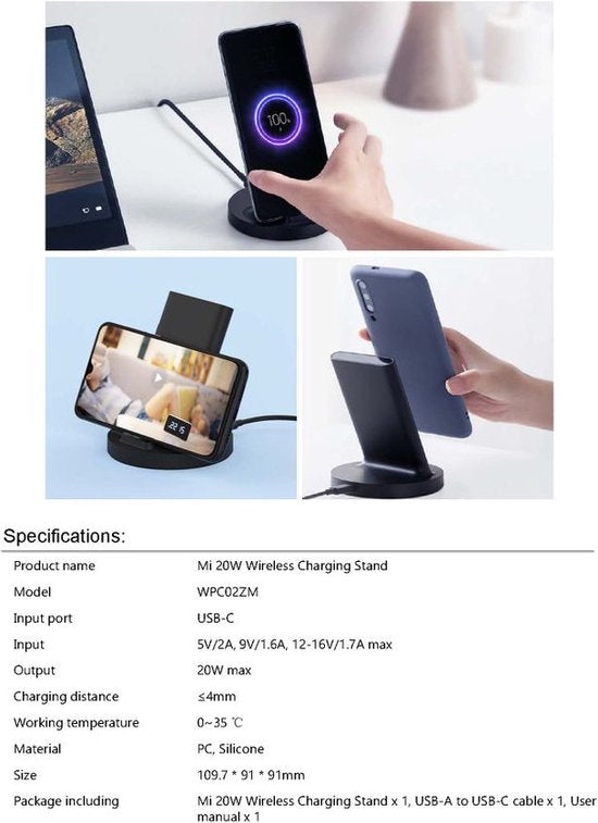 Xiaomi Mi Wireless Charger – vertikaler Ständer mit Qi-Wireless-Ladefunktion und LED-Anzeige – 20 W – inklusive USB-C-Kabel