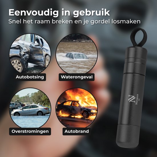 Nuvance Sicherheitshammer – Nothammer – inkl. selbstklebender Halterung und Testglas – Gurtschneider – Auto-Hammer – Sicher unterwegs – Schwarz
