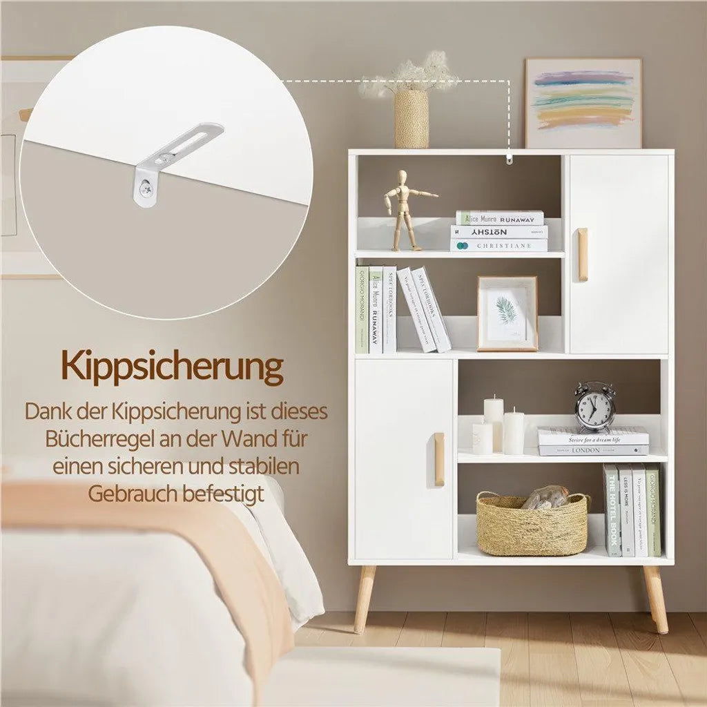 Yaheetech Bücherregal 80 x 23,5 x 120,5 cm – Weiß – Aufbewahrungsschrank mit 2 Türen und 4 offenen Fächern