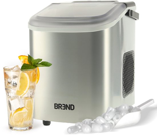 BREND BR-2213 Eiswürfelbereiter mit Schaufel und Tropfschale - Große L oder kleine S Eiswürfel - Tragbarer Eiswürfelbereiter - 10 kg in 24 Stunden - Silber