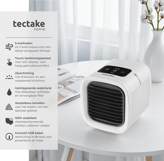 tectake® Air Cooler Frosty mit LED-Beleuchtung - 2 Kühlmodi - 8W - 3-in-1 Luftkühler mit Wasserreservoir - ohne Ablassschlauch - inklusive USB-Kabel und Trichter - Mini-Klimagerät - Weiß