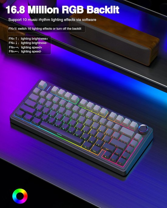 AULA F75 Pro – Kabellose Gaming-Tastatur – Mechanisch – Seitlich bedruckte Tasten – Gasket-Schalter – Hot-Swap – Tri-Mode – QWERTY-Tastatur – 80 Tasten – Schwarz-Grau