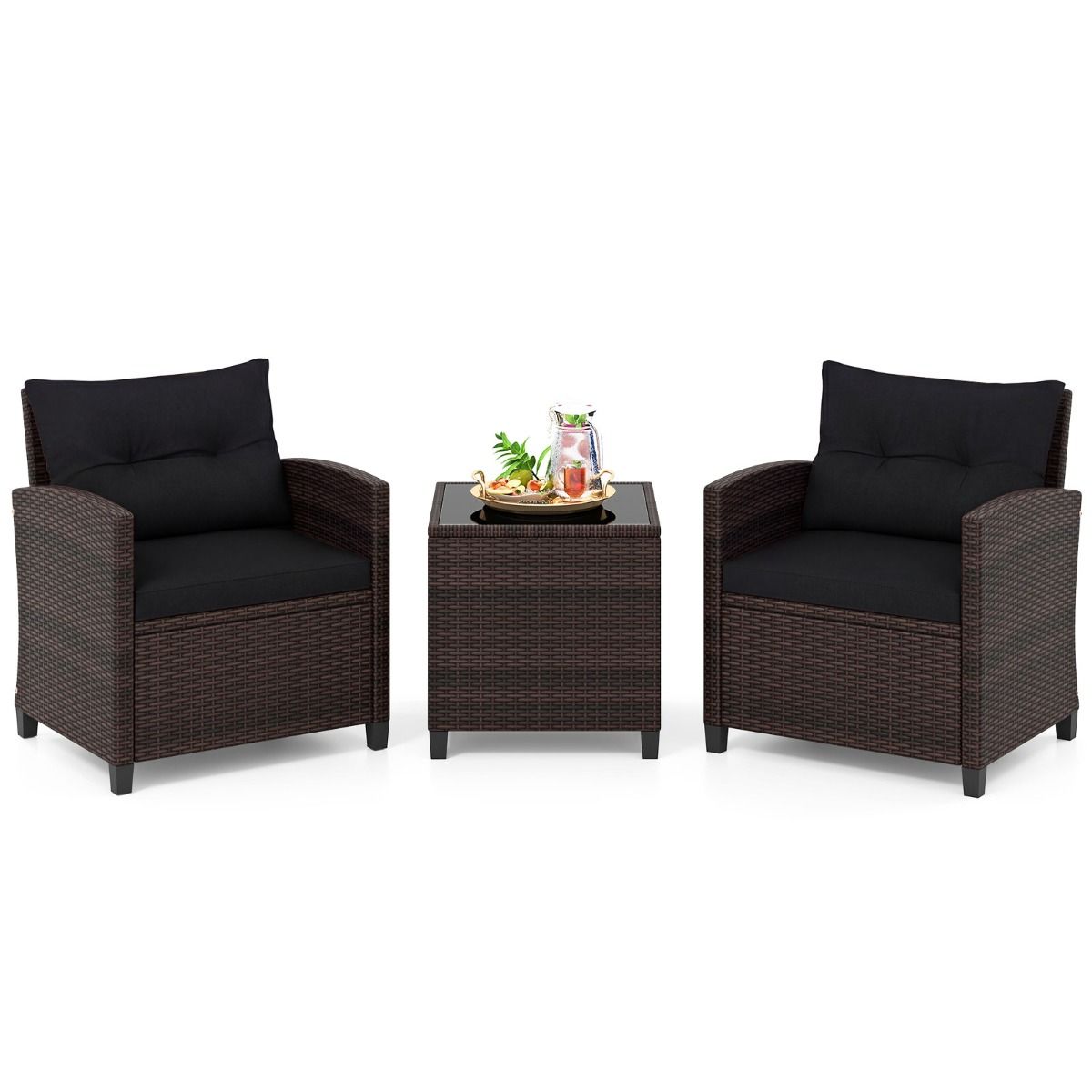 Coast 3-teiliges Gartenset – Rattan-Bistro-Set mit 2 Stühlen und einem Tisch – Hartglas und Kissen – schwarz