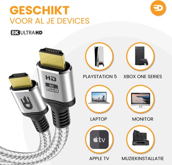HDMI-Kabel 2.1 - Ultra HD High Speed - HDMI zu HDMI - Geeignet für Xbox Series X & PS5 - 1 Meter - Nylon - Silberweiß