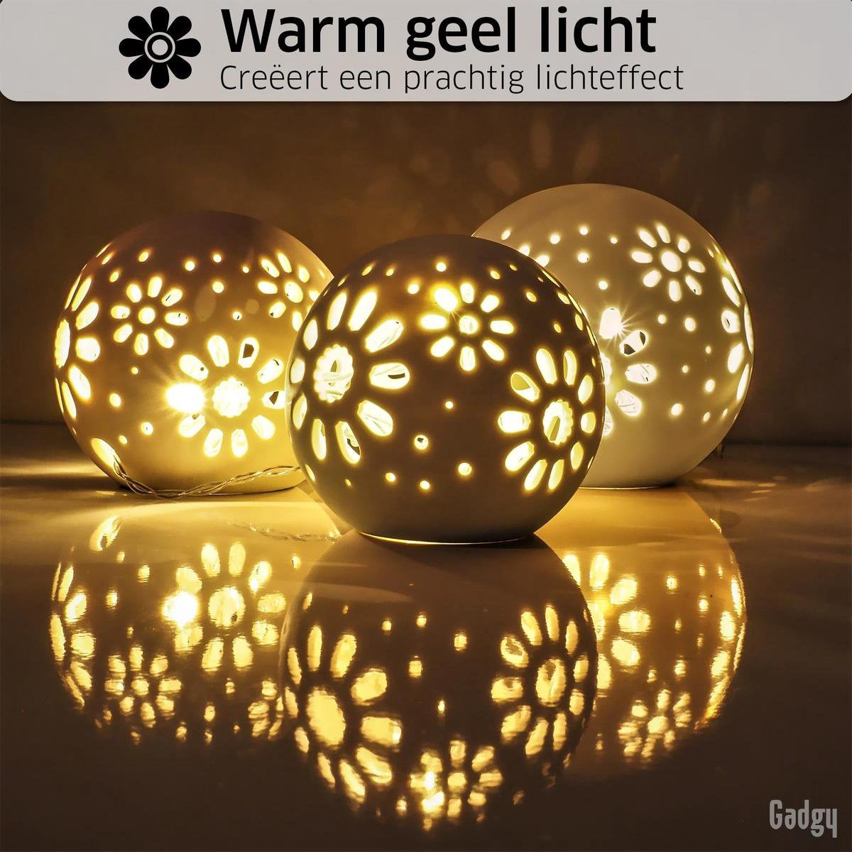 Gadgy Keramik-Kugellampe mit Lichterkette - 3 Stück: Ã˜ 8/10/12 cm - Batteriebetriebene Tischlampe - Stimmungsvolle Beleuchtung