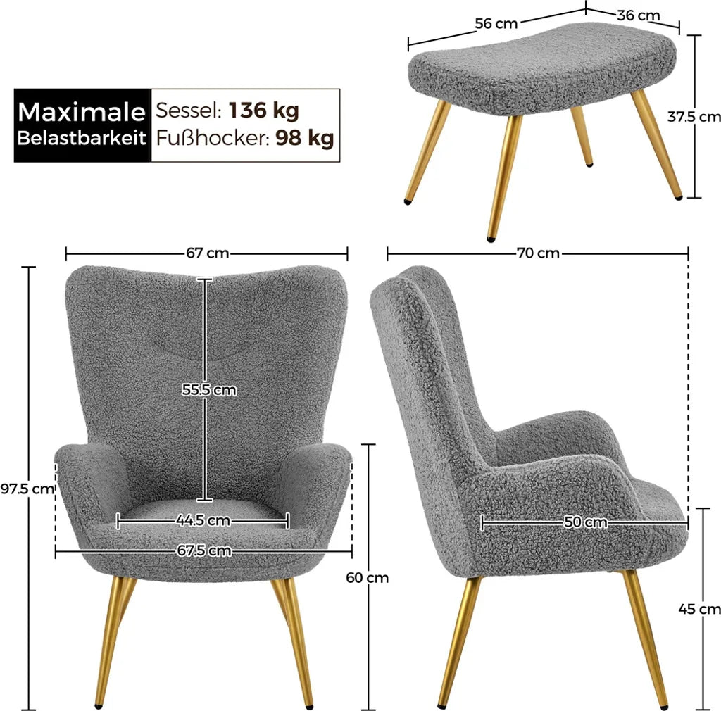 Yaheetech Ohrensessel - Fußhocker - 70 x 67,5 x 97,5 cm - Grau