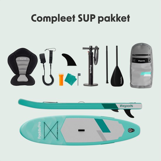 LifeGoods SUP Board All-round Compact - mit Sitz - 100 KG Tragfähigkeit - 300 x 76 cm - Aufblasbar - Komplettes SUP Paket - Mintgrün