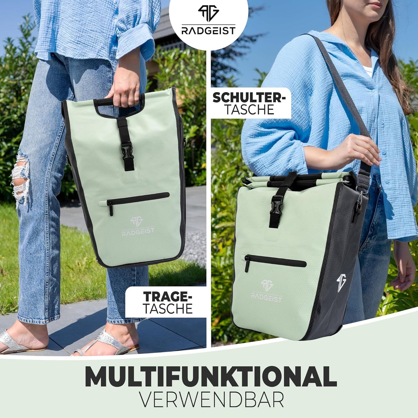 RADGEIST Fahrradtasche für Gepäckträger I Fahrradtasche Shopper mit herausnehmbarer Kühltasche I Einkaufstasche & Einkaufstasche 22-28 Liter - grün