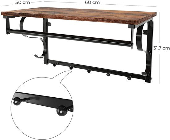 OSKAR Wandgarderobe 60 x 30 x 31,7 cm – Ablage/5 Haken/Kleiderstange – Rustikales Braun/Schwarz