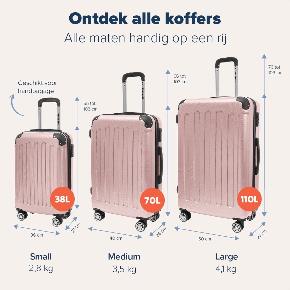 TRVLMORE - Kofferset - 3 Stück - 38L (Handgepäck) + 70L + 110L - Rose Gold