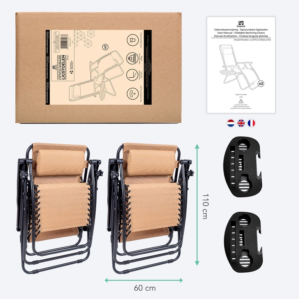 LifeGoods Faltbare Gartenstühle - 2 Stück - 30Â°-90Â° Verstellbar - Metall - Beige