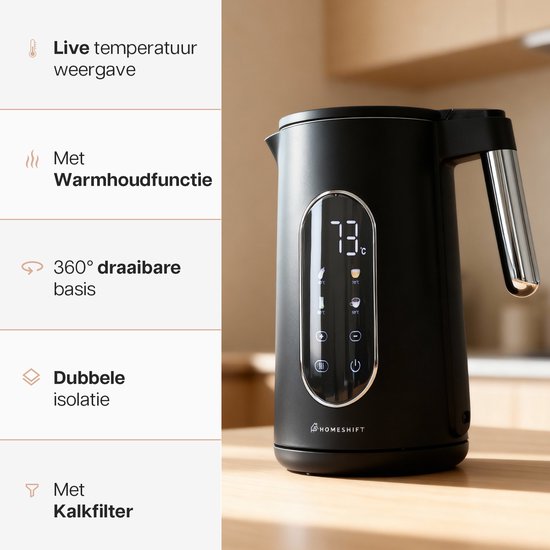 HomeShift® Wasserkocher mit Temperaturkontrolle - Warmhaltefunktion - Doppelwandig - Elektrisch - 1,7 Liter - 2200W - Schwarz