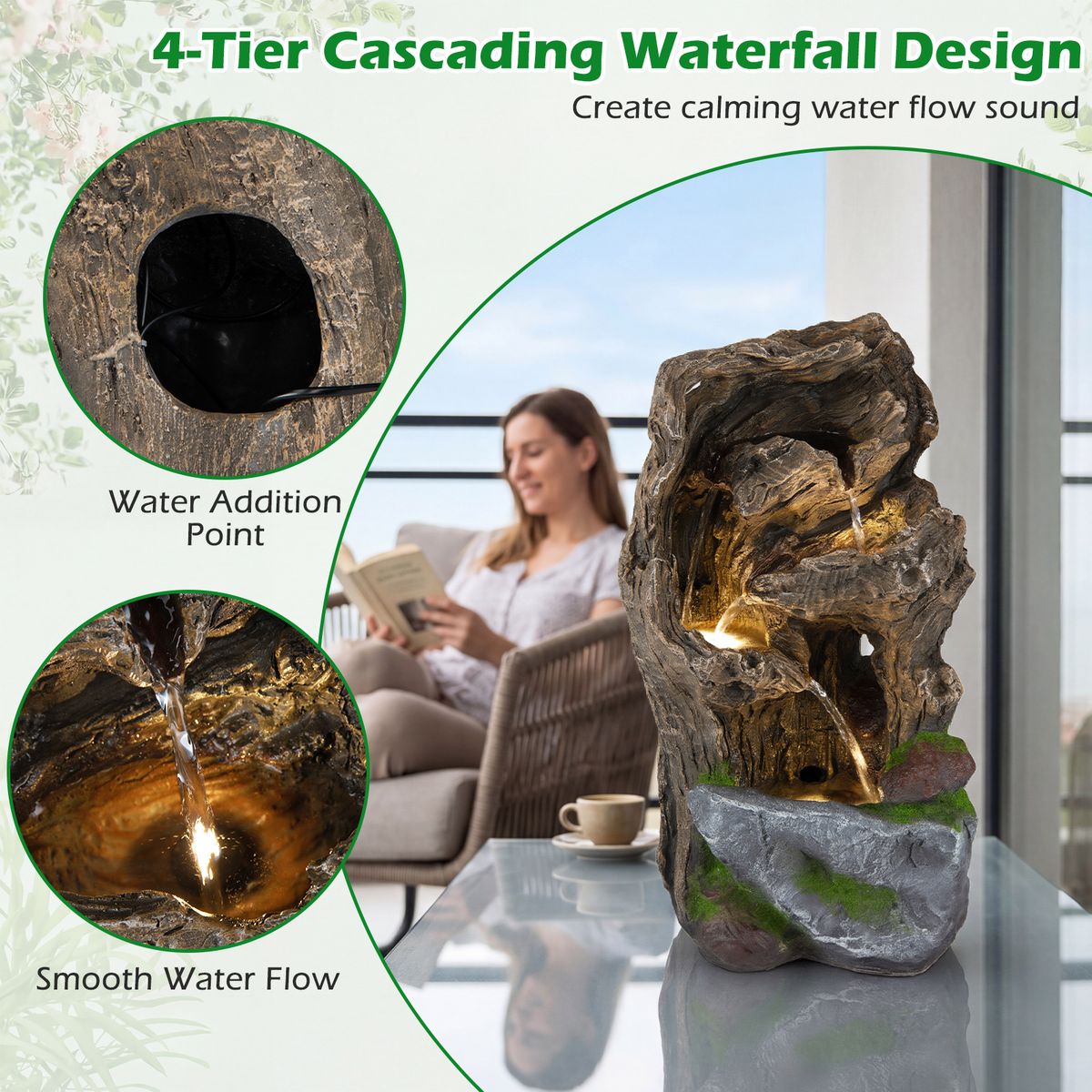 Coast Gartenbrunnen mit 4 Ebenen – LED-Beleuchtung – wetterfest – braun, 26 x 28 x 53 cm