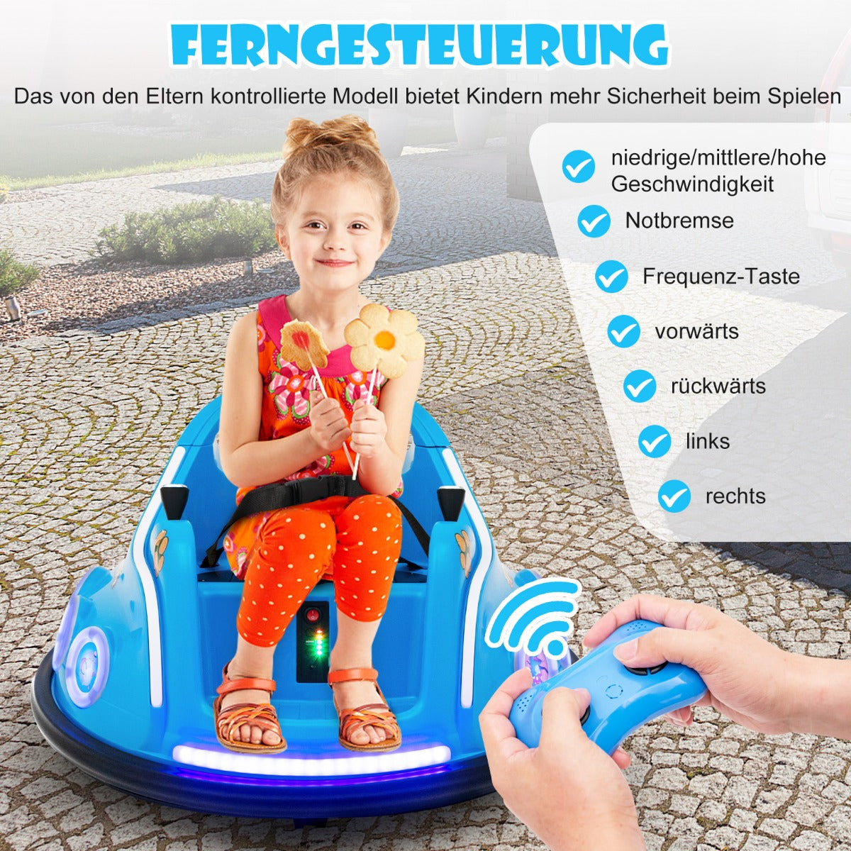 Coast Autoscooter - 360 Grad drehbar - 12V - Inkl. Musik & Licht - 73x73x43cm - Blau