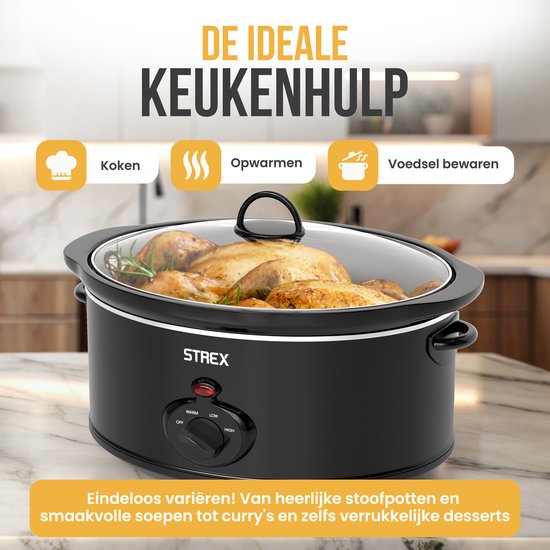 Strex Slowcooker 6.5L - Herausnehmbarer Keramik-Innenbehälter - Warmhaltefunktion - Slow Cooker - Schwarz