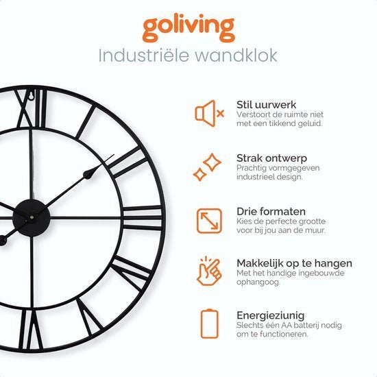 Goliving Wanduhr Industrial - Geräuschloses Uhrwerk - Moderne Wanduhr - Metall - Ø 60 cm - Schwarz