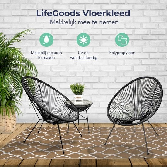 LifeGoods Outdoor-Teppich - 120x180CM - Gartenteppich - Reversibel - Inkl. Tragetasche - Mit Muster - Beige/Weiß