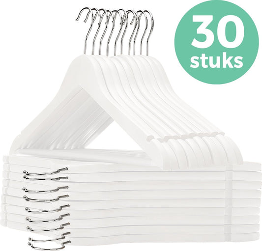 LifeGoods Kleiderbügel - mit Hosenstange - Hartholz - Weiß - 30 Stück