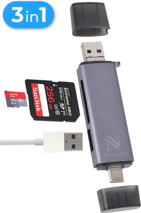 Nuvance - SD-Kartenleser - USB-Stick - SD-Kartenleser USB C - Kartenleser - Micro-USB - Speicherkartenleser - Micro-SD-Adapter - SD-Kartenleser - Micro-SD-Kartenleser - USB 3.0 - Geeignet für alle Smartphones & Computer
