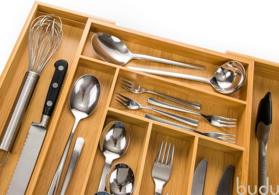 Budu Extendable Bamboo Cutlery Tray #47 (47 cm tief) - Besteckkassette Holz - Besteckschublade - 47 x 30.6 - 50 cm - 6/8 Fächer