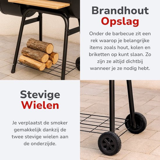 alpina Smoker Barbecue - BBQ Smoker - mit separatem Räucherofen - Verstellbarer Kamin - 104 x 58 x 114 cm