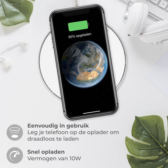 Nuvance - Wireless Charger 10W - Inklusive Kabel - Wireless Charger - Schnelles Ladegerät - Geeignet für alle Qi Smartphones - Weiß und Silber