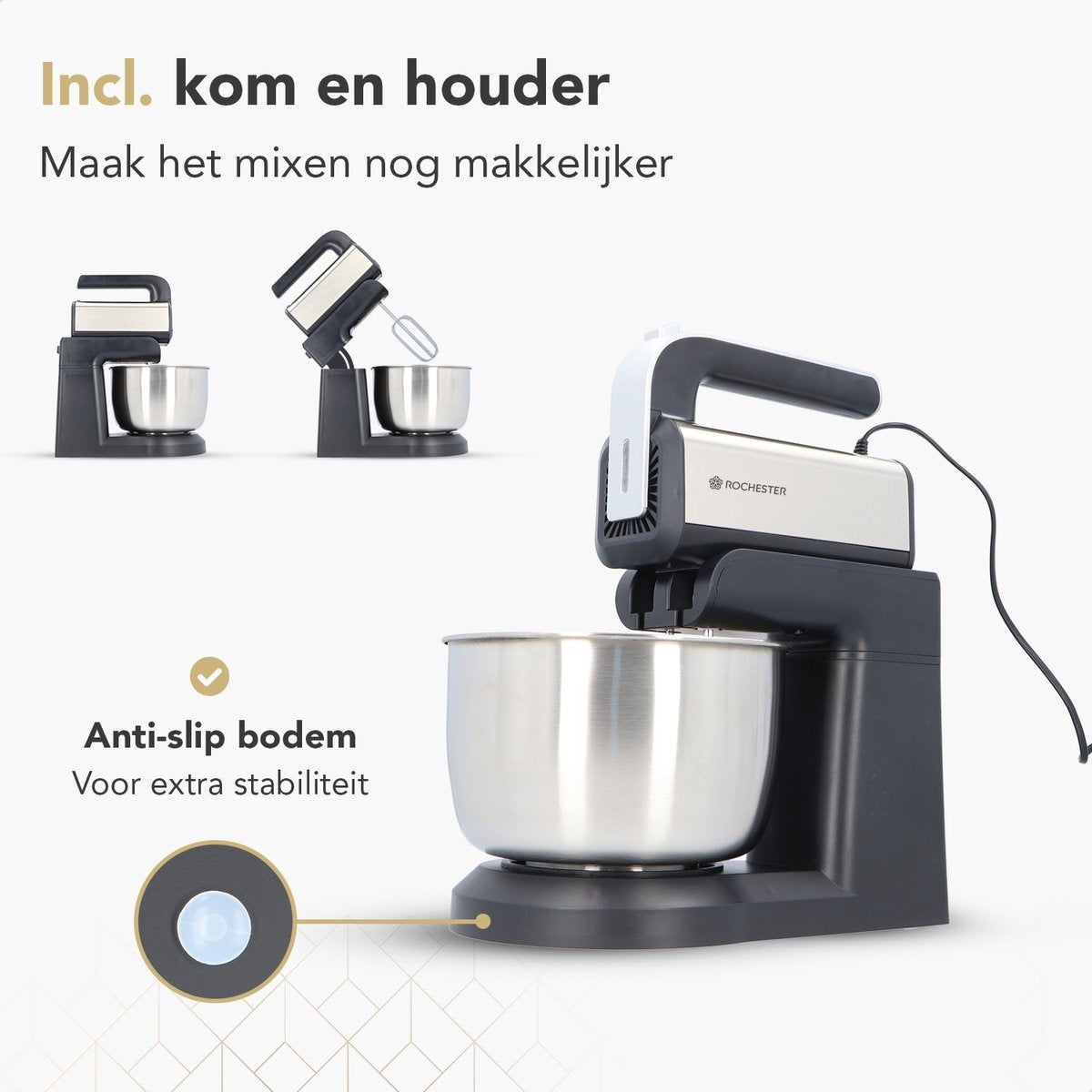 Rochester Handmixer mit Rührschüssel - Küchenmaschine - 5 Geschwindigkeitsstufen - Edelstahl