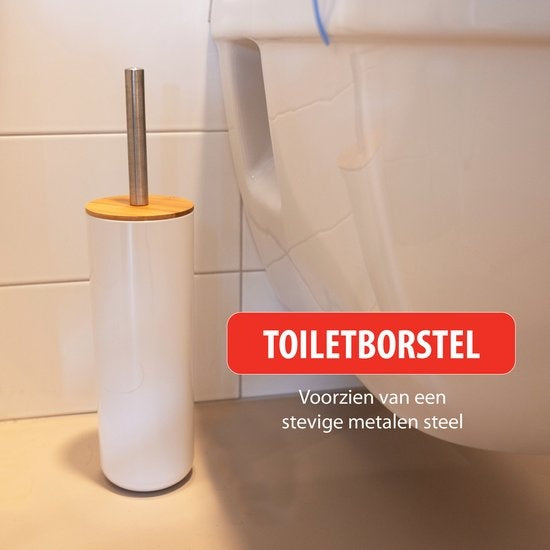 alpina Badezimmerset - Toilettenset - 6-teilig - Seifenspender - Zahnbürstenhalter - Toilettenbürste - Abfalleimer - Seifenschale - Becher - Bambus - Weiß