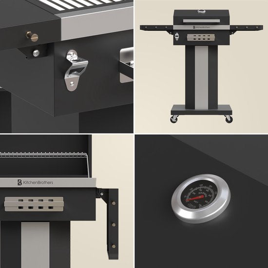KitchenBrothers - Holzkohlestehgrill Barbecue - BBQ - mit Deckeln und Rädern - Edelstahl Grillrost - Schwarz