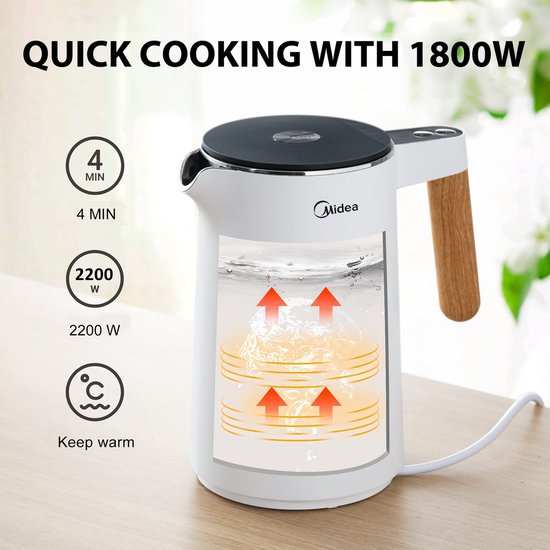 Midea Wasserkocher – MK-HE1533 – 1,5 l Fassungsvermögen – 7 Temperatureinstellungen
