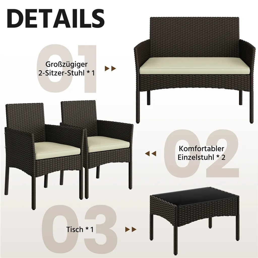 Yaheetech Polyrattan-Lounge-Set, 4-teilig – Braun/Beige – Gartenset mit 2-Sitzer-Sofa, 2 Stühlen und Tisch