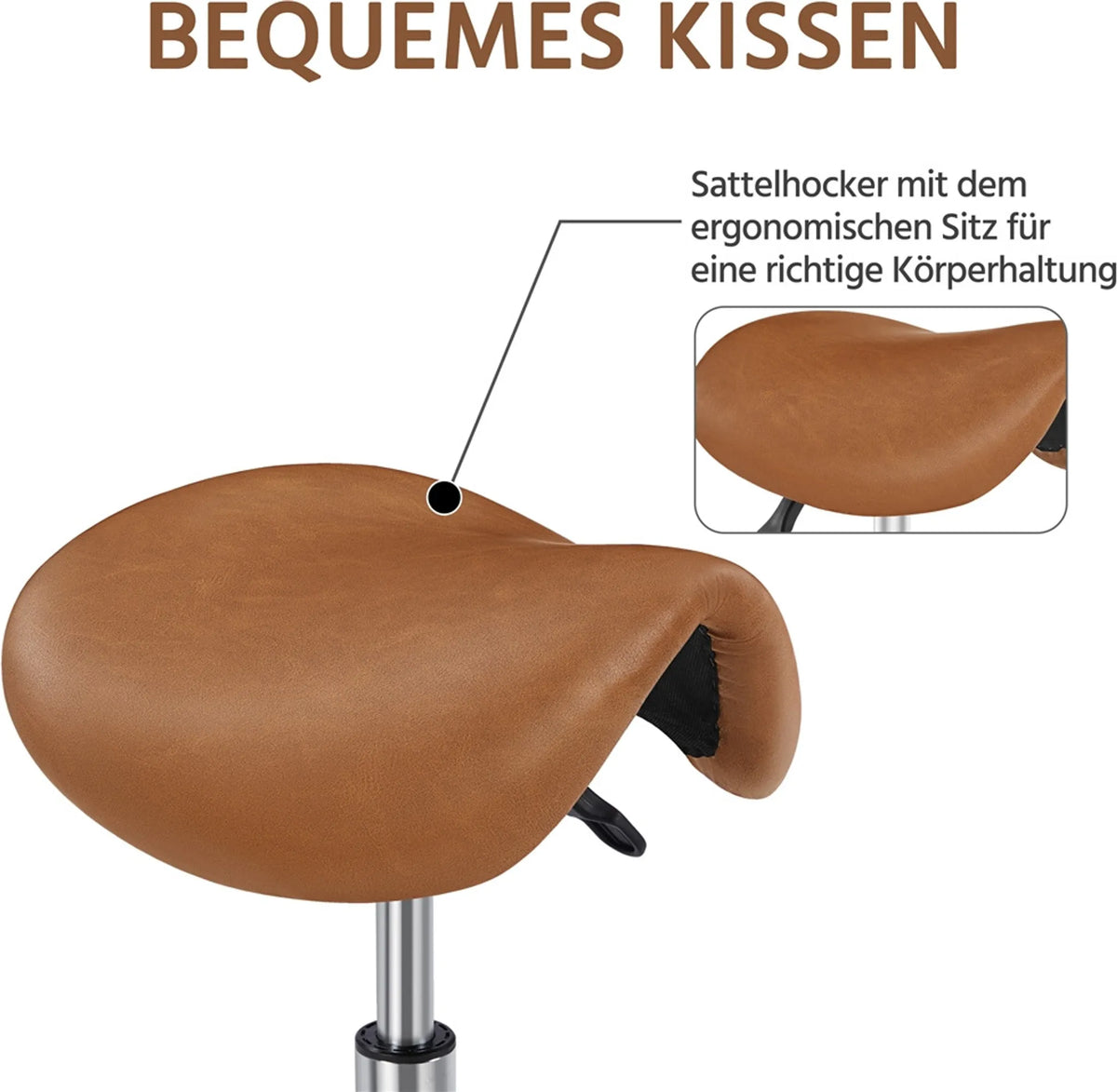 Yaheetech Saddle Stool Ergonomisch - Ausgestattet mit höhenverstellbarem SGS Gaslift und 360° drehbaren Nylonrädern und verchromtem Fuß - Für Friseursalon und Praxis - Retro Braunes PU Kunstleder und Metall - 50 x 50 x 45,5-60 cm