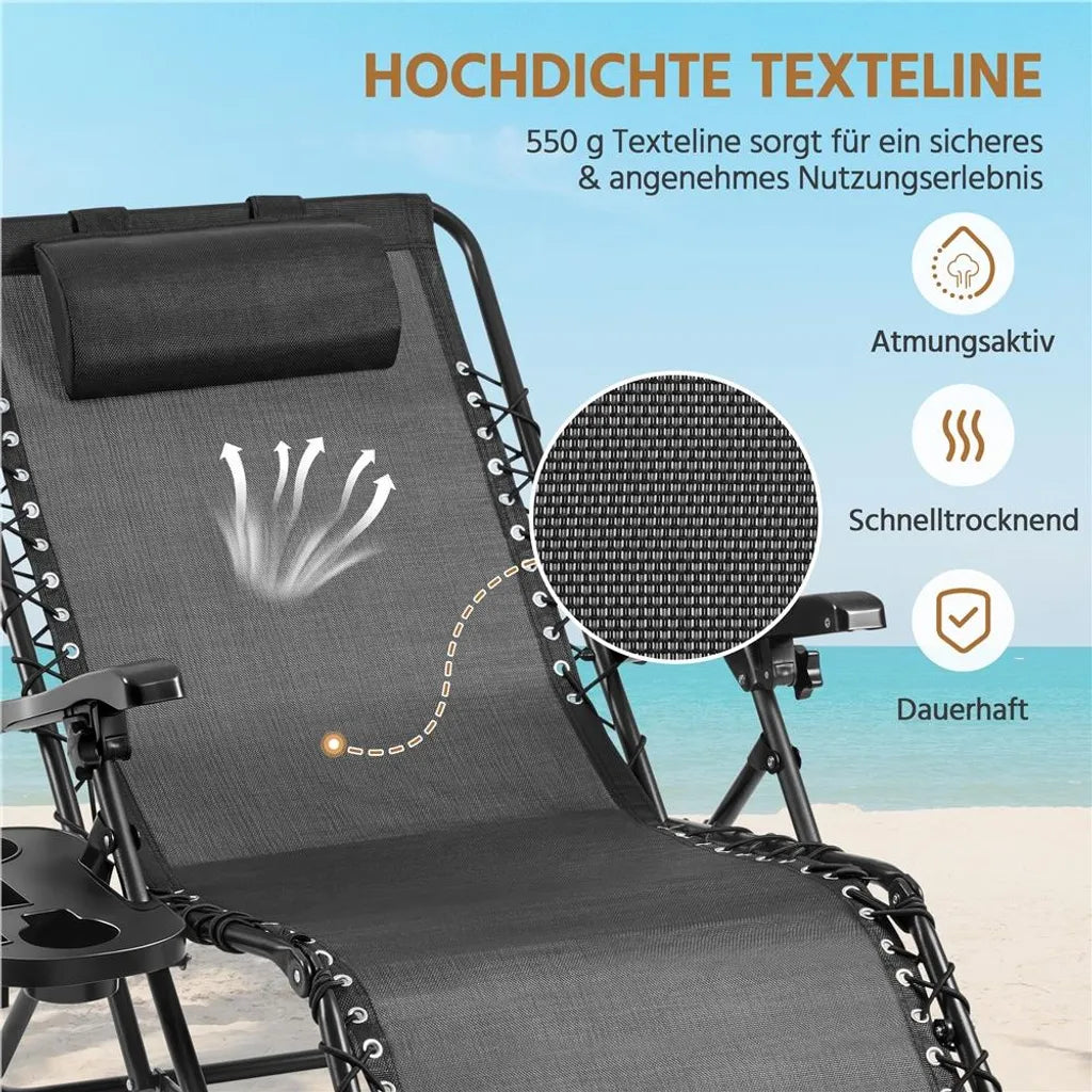 Yaheetech Zero Gravity Lounger 166,5 x 74,5 cm - Verstellbar - Faltbar - Kopfkissen - Becherhalter - Schwarz
