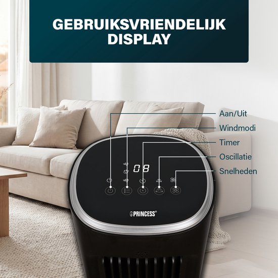 Princess DC Turmventilator 101 cm – Besonders leise – 12 Geschwindigkeitsstufen – Schwenkfunktion – Timer 1–8 Stunden – Mit Fernbedienung – Standventilator – 50 W – Schwarz – 352390