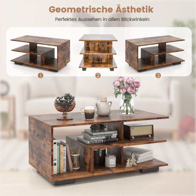 Coast Couchtisch mit 3 Ebenen – 90 x 50 x 42 cm – Natur/Weiß oder Rustikal-Braun