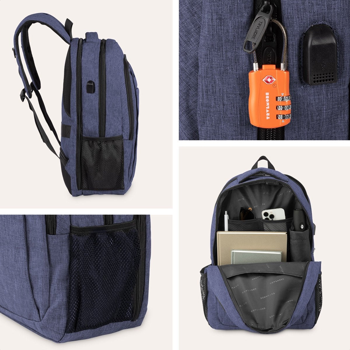 TRVLMORE Rucksack - 36L - 17.3 Zoll - Laptop-Rucksack - Schultasche - Unisex - Spritzwassergeschützt Blau
