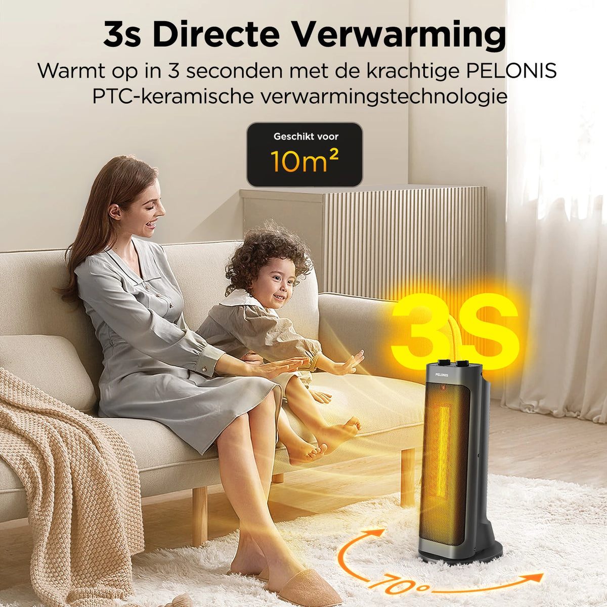 PELONIS Keramik-Heizlüfter 2000 W – 70° Schwenkbereich – PTC-Heizung – 4 Heizstufen