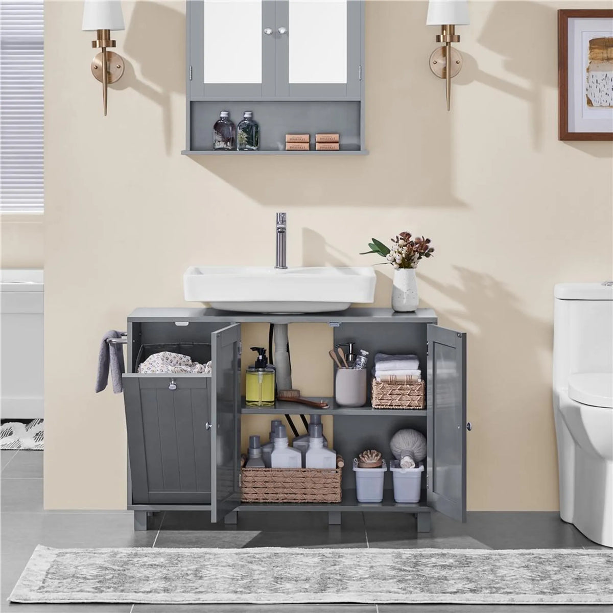 Yaheetech Waschbeckenunterschrank mit U-förmiger Aussparung und Wäschekorb 90 x 30 x 62,5 cm – Dunkelgrau – MDF und Metall