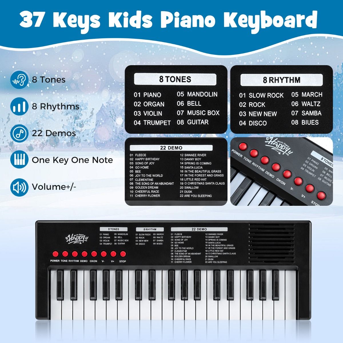 Coast Kinderkeyboard – 37 Tasten – 8 Rhythmen – mit Mikrofon – schwarz