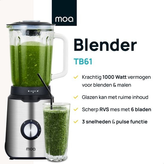 MOA - Leistungsstarker Mixer - Mit Glaskrug - 1,5 Liter - 1000 Watt - TB61 - Edelstahl