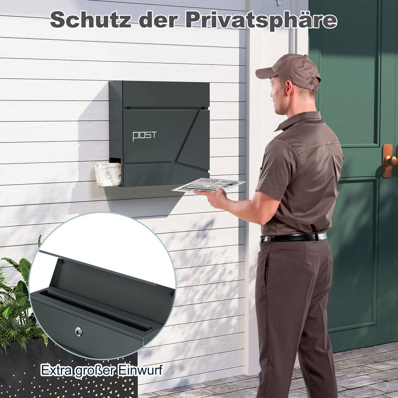 Woltu Briefkasten mit Zeitungsfach – Anthrazit – Stahl – 37 x 37 x 10,5 cm