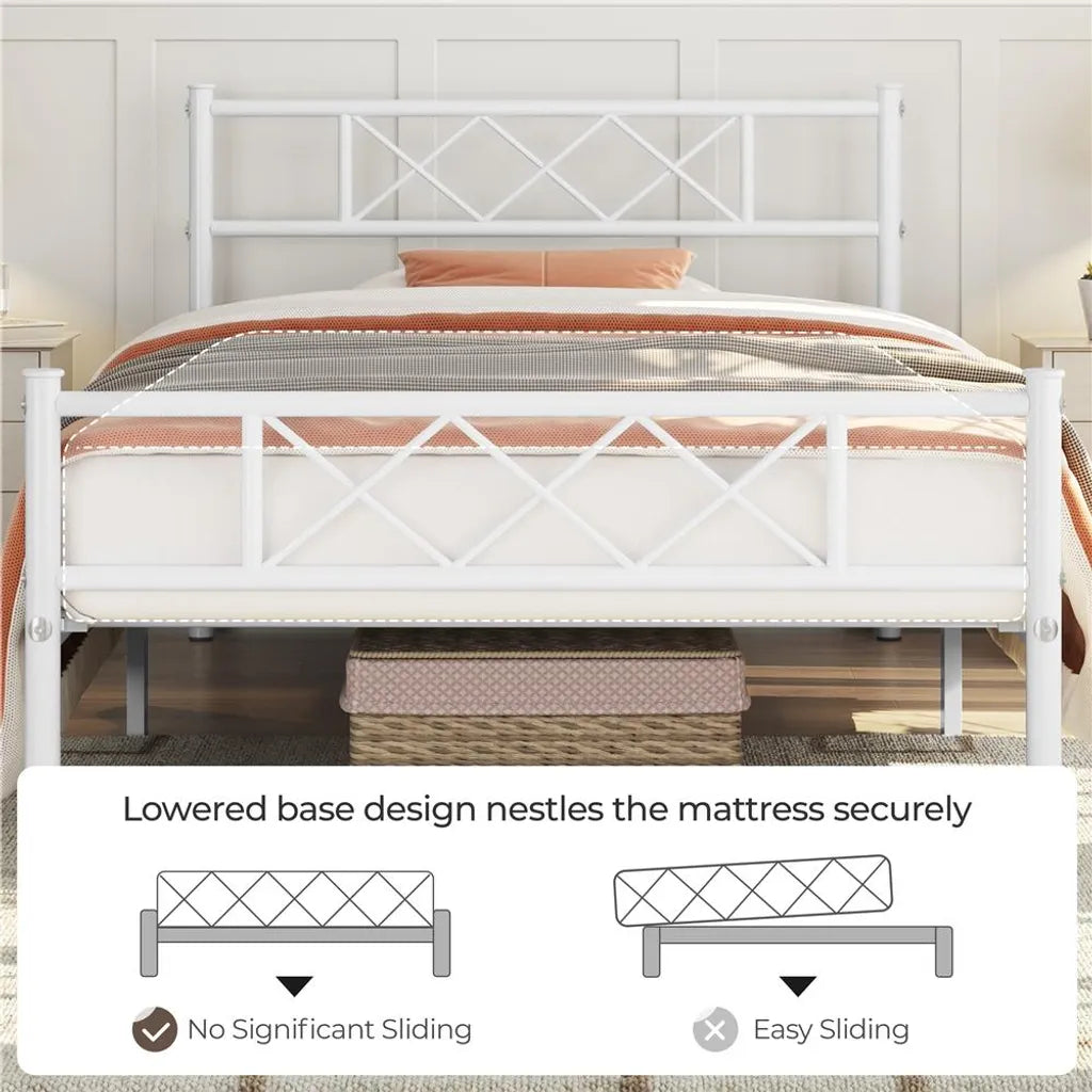 Yaheetech Bettrahmen 90 × 200 cm - Weißes Metall - Einzelbett mit X-Design Kopfteil, Lattenrost und 32 cm Stauraum