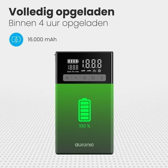 Auronic Jumpstarter - mit Kompressor - 12V - 1500A - 16.000 mAh - 6-in-1 Starthilfe - Inkl. Aufbewahrungstasche & Zubehör - Schwarz/Grau