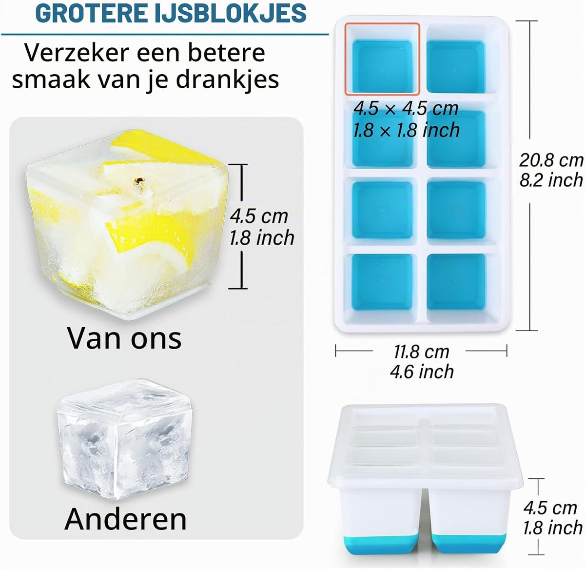 Silikon-Eiswürfelform, groß, mit Deckel, 2er-Set – Eiswürfel mit den Maßen 4,5 x 4,5 x 4 cm – BPA-frei und stapelbar – Rosa