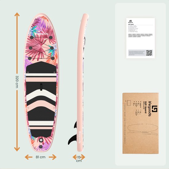 LifeGoods PaddlePro SUP Board - Aufblasbares Paddle Board - Komplettset - Max. 150KG - 320x81cm - Tropisches Rosa