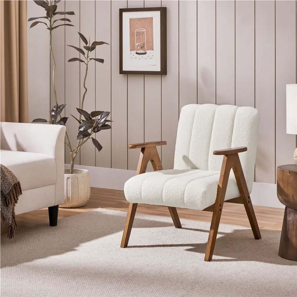 Yaheetech Sessel Weiß - Bouclé Lounge Chair mit Armlehnen und Holzbeinen - 60,5 x 68,5 x 73 cm