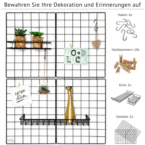 Gadgy - Klappbares Wandregal im Industrial-Stil - mit 2 Regalen, 6 S-Haken und 10 Heringen - Schwarz